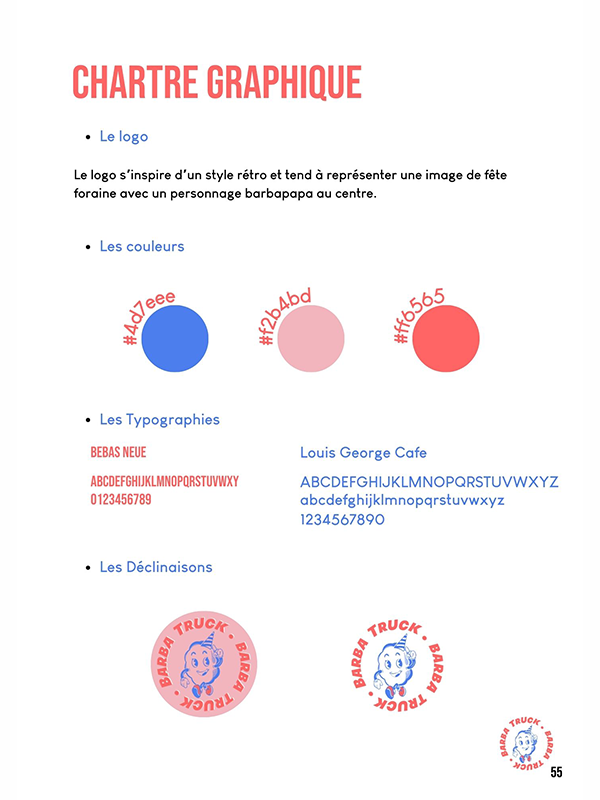 Charte graphique du projet. Couleurs vives et rétro (bleu, rose, rouge) évoquant l’univers des fêtes foraines et de la nostalgie sucrée.