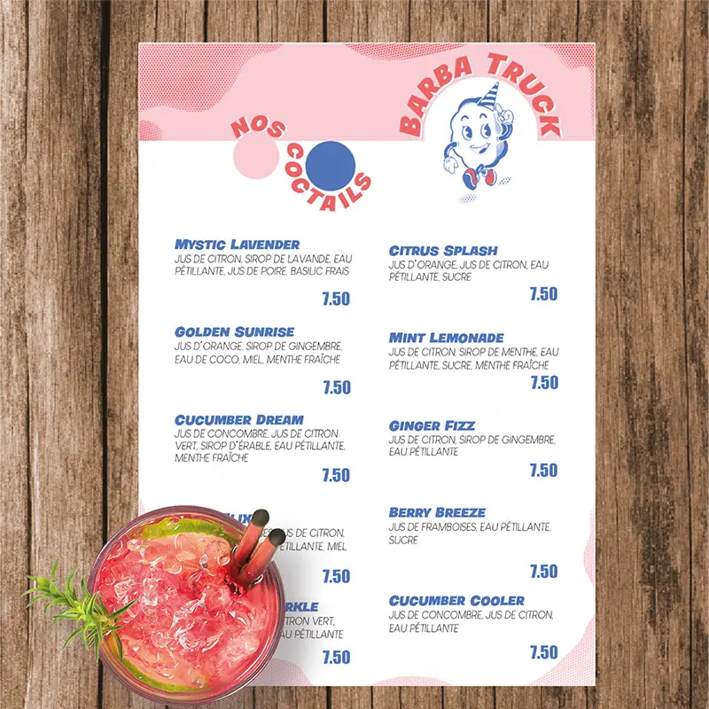 Création de divers supports graphiques : menu de cocktails.