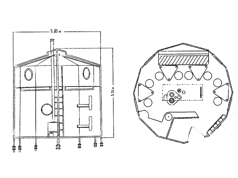 Plan de coupe du refuge, offrant une lecture claire de la distribution verticale des espaces et de la relation entre les différents niveaux.  Plan du rez-de-chaussée en vue de dessus, détaillant l’organisation spatiale et les éléments clés de circulation.