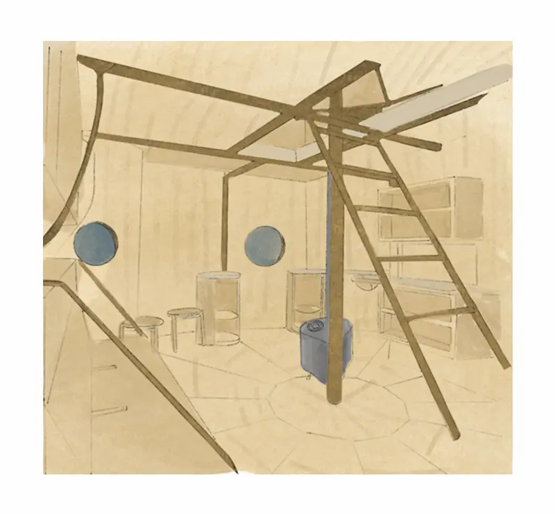 Dessin en perspective du rez-de-chaussée mettant en avant la structure et l’aménagement intérieur minimaliste du refuge.