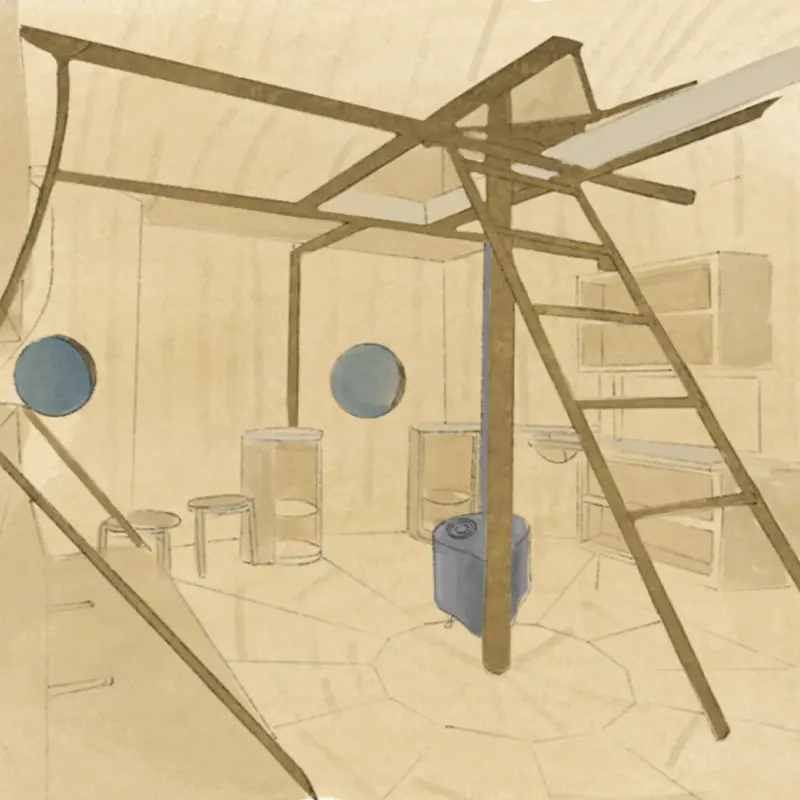 Plan de coupe du refuge, offrant une lecture claire de la distribution verticale des espaces et de la relation entre les différents niveaux.